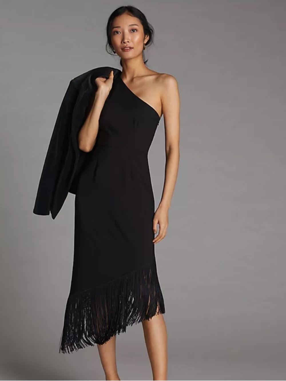 Anthropologie Hutch Black One-Shoulder Fringe Midi Dress